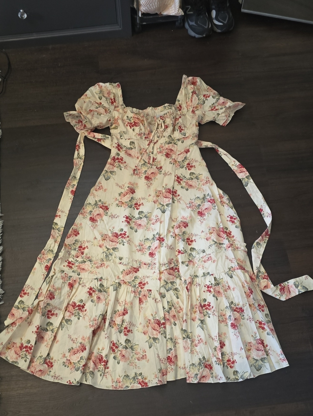Fashion Nova Cream Floral Puff-Sleeve Midi Dress